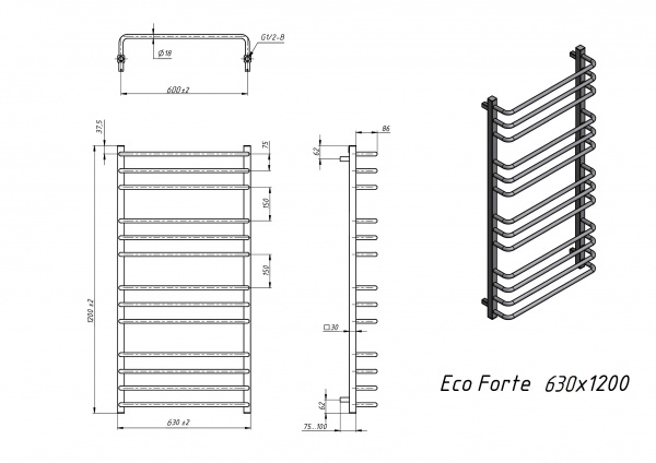 Полотенцесушитель водяной Grota Eco Forte 630x1200 черный