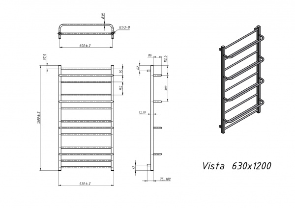 Полотенцесушитель водяной Grota Vista 630х1200 черный