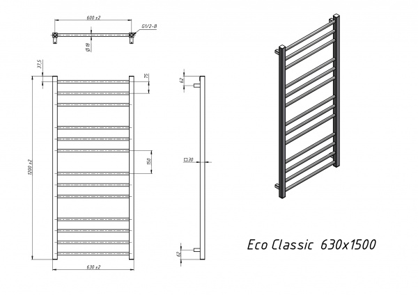 Полотенцесушитель водяной Grota Eco Classic 630x1200 черный