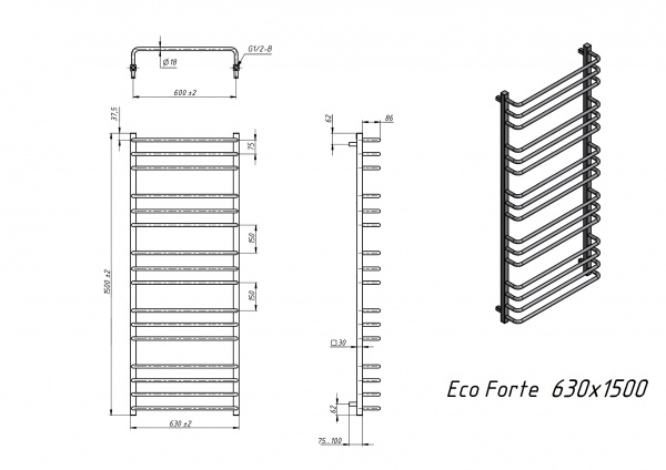 Полотенцесушитель водяной Grota Eco Forte 630x1500 черный