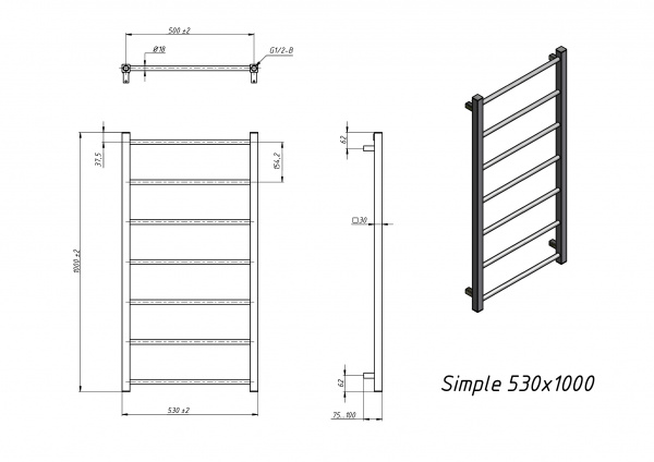Полотенцесушитель водяной Grota Simple 530x1000 черный