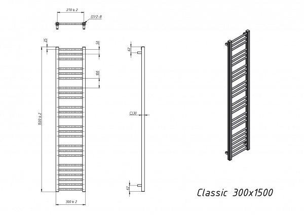 Полотенцесушитель водяной Grota Classic 300x1500 хром матовый