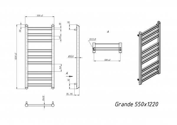 Полотенцесушитель водяной Grota Grande 550x1220 хром глянцевый