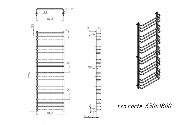 Полотенцесушитель водяной Grota Eco Forte 630x1800 белый